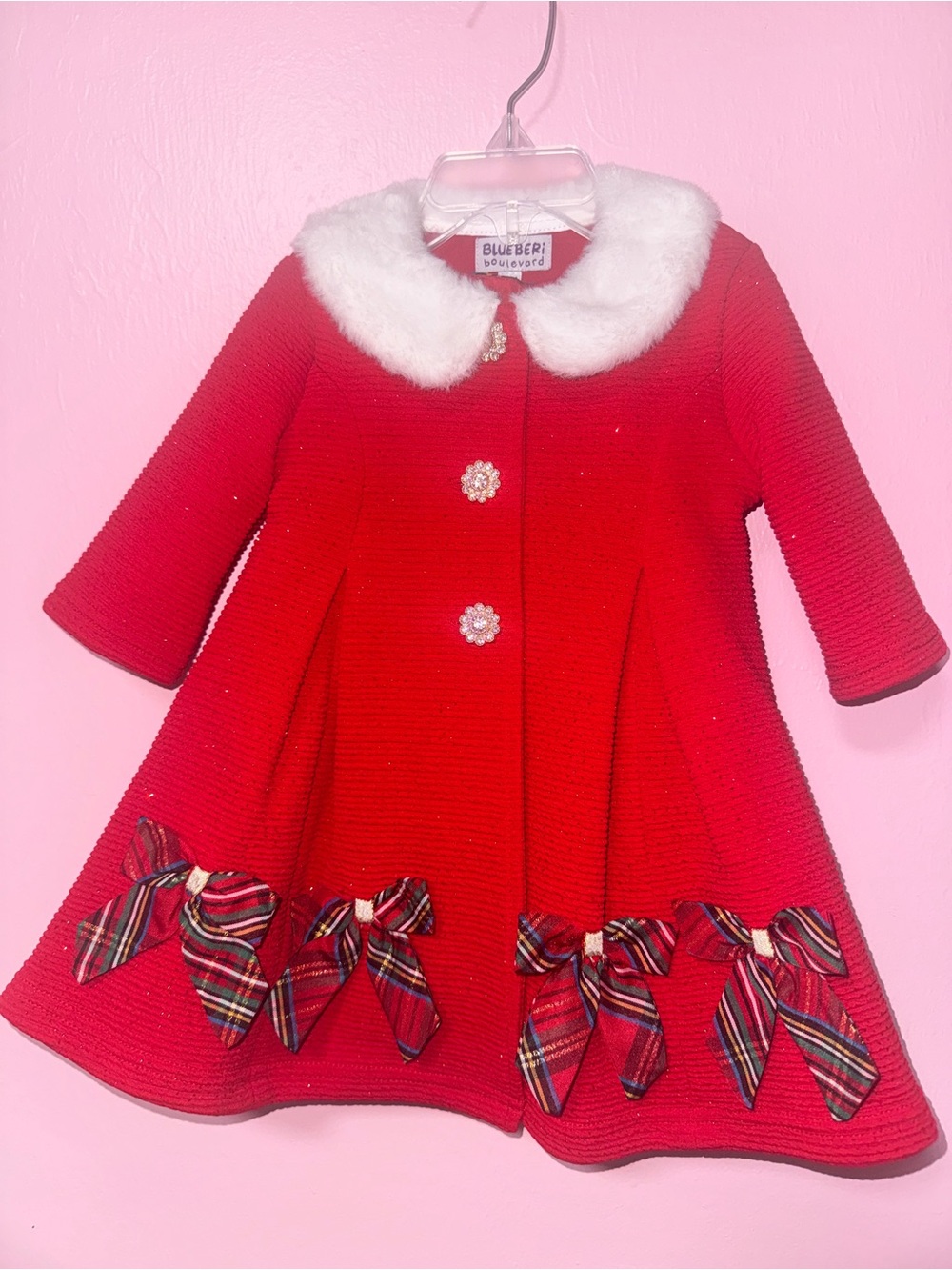 Blueberi Boulevard Red Coat with Faux Fur Collar and Plaid Bows